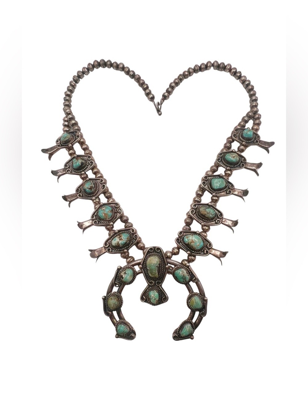 Native American 900 Silver Natural Turquoise Squash Blossom Naja Necklace - Picture 4 of 10